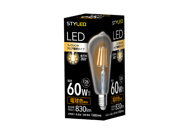 LED電球　E26口金　クリア電球タイプ60W相当 ST64形　電球色