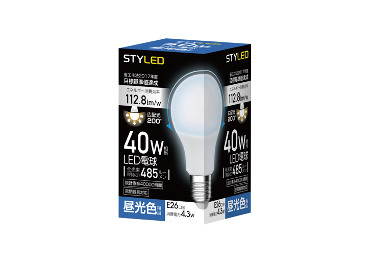 LED電球　E26口金　40W相当広配光　昼光色（2017年度省エネ目標基準値達成モデル）