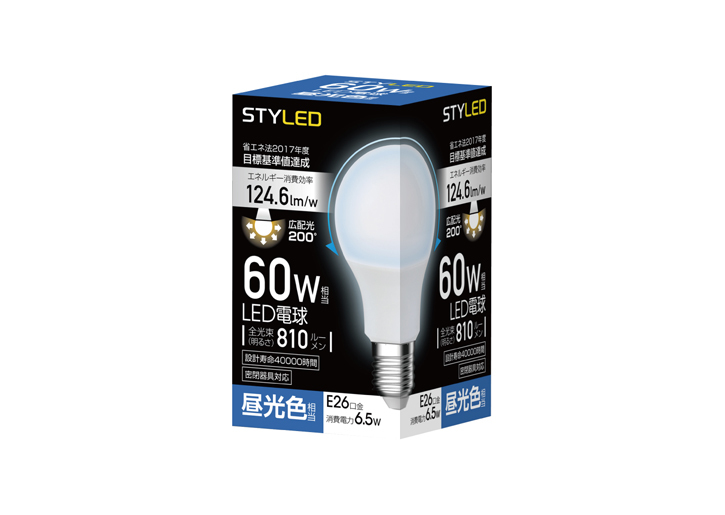 LED電球　E26口金　60W相当広配光　昼光色（2017年度省エネ目標基準値達成モデル）