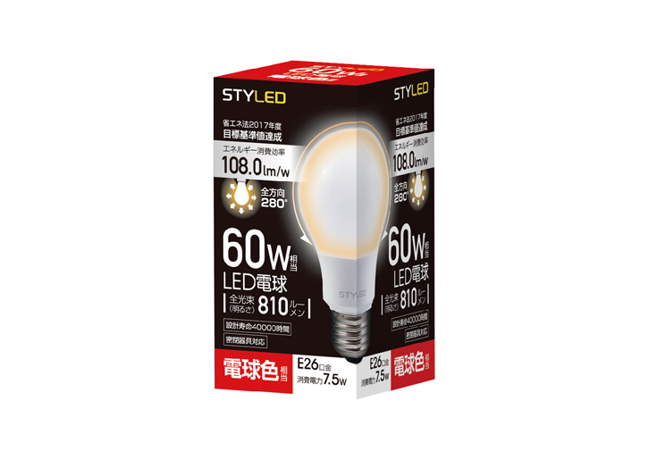 LED電球　E26口金　60W相当全方向　電球色（2017年度省エネ目標基準値達成モデル）