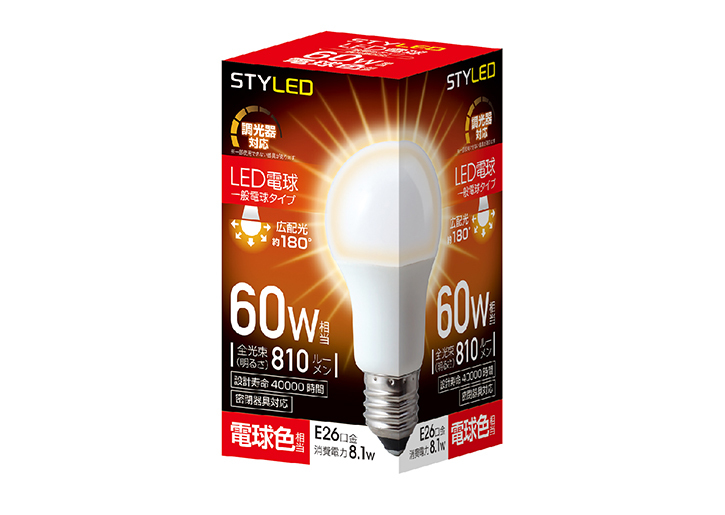 LED電球 E26口金 調光器対応 密閉器具対応 60W相当 電球色
