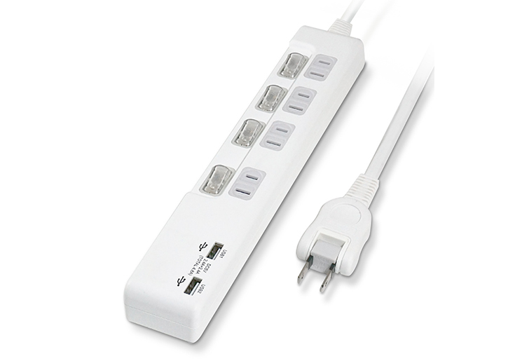 USB充電ポート付電源タップ コンセント4口＋USB2ポート（合計4.8A） 電源コード2m---PTP4U2-48A2