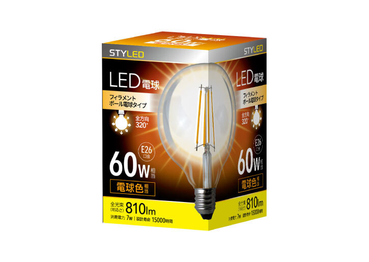 LED電球 E26口金 クリア電球タイプ 60W相当 810lm ボール形 電球色---HDGC60L1
