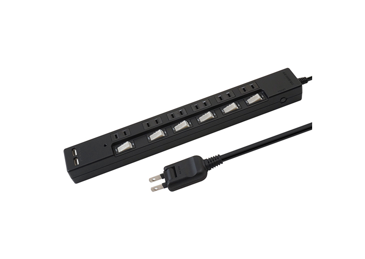 USB充電ポート付電源タップ コンセント6口＋USB2ポート（合計3.4A） 電源コード2m ブラック