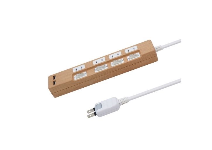 USB充電ポート付電源タップ AC4口＋USB2口（合計2.4A） 電源コード2ｍ ライトブラウン(ベージュウッド調)---STP4UA2LB-2