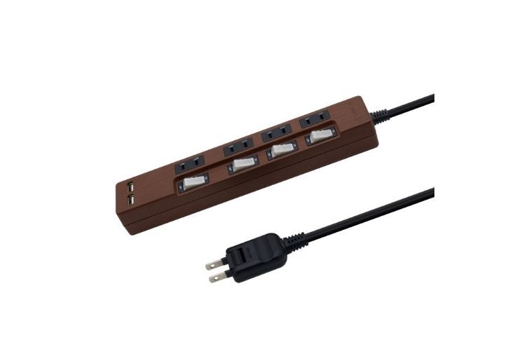 USB充電ポート付電源タップ AC4口＋USB2口（合計2.4A） 電源コード2ｍ ダークブラウン(オーク調)---STP4UA2DB-2