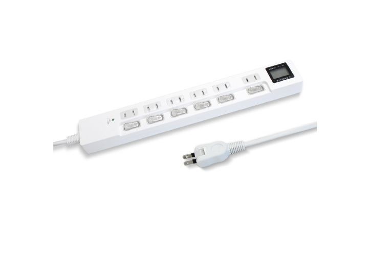 ワットメーター付 電源タップ AC6口 電源コード2m ホワイト---PTWMP6WH-2